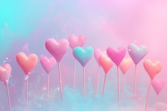 A whimsical, pastel - colored scene of flying cupid arrows with heart tips Valentine’s Day card