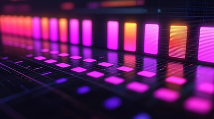 Abstract digital equalizer glowing in dark; futuristic music tech background.