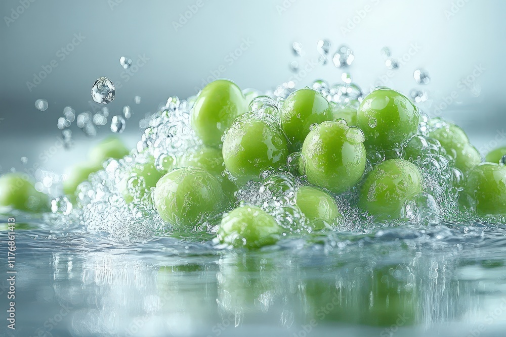 Poster refreshing green grapes submerged in sparkling water, creating a vibrant and dynamic splash. perfect
