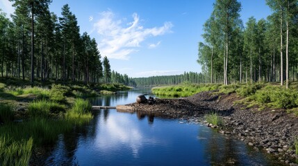 Obraz premium Serene forest landscape with a calm river and lush greenery.