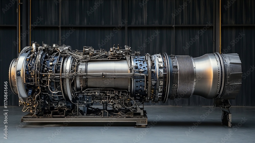 Poster powerful turbofan engine on display, showcasing intricate internal components and robust constructio