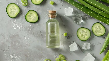 A flat lay composition with aloe vera leaf, cucumber slices, and a small glass bottle containing a liquid