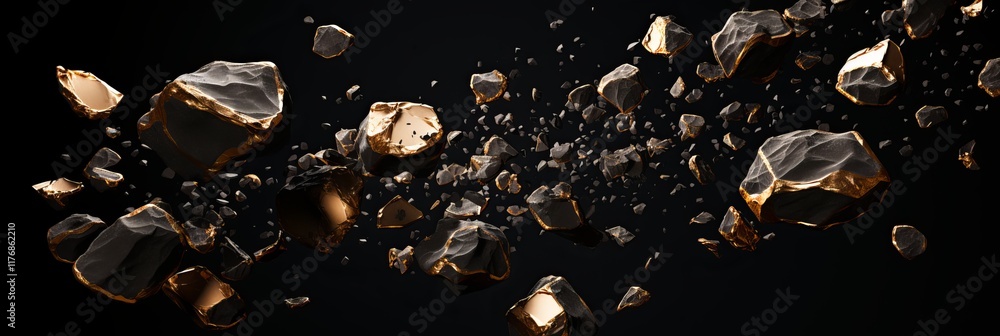 Poster floating golden rocks shimmering in darkness create a mesmerizing spectacle. generative ai
