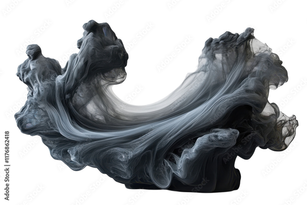 Poster abstract swirling design with flowing gray and black fabric-like textures in a dynamic composition