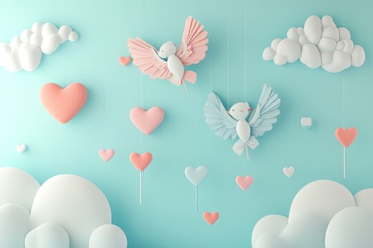 A whimsical, pastel - colored scene of flying cupid arrows with heart tips Valentine’s Day card