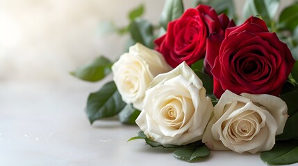 Obraz premium Red and white roses on white background Banner HD Valentine's Day Lovers, Dating, Love, Romance, Flowers, Floral