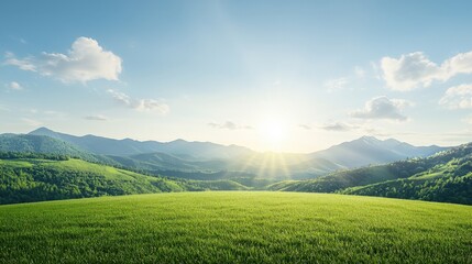 Fototapeta premium Serene Landscape with Lush Green Fields and Mountains