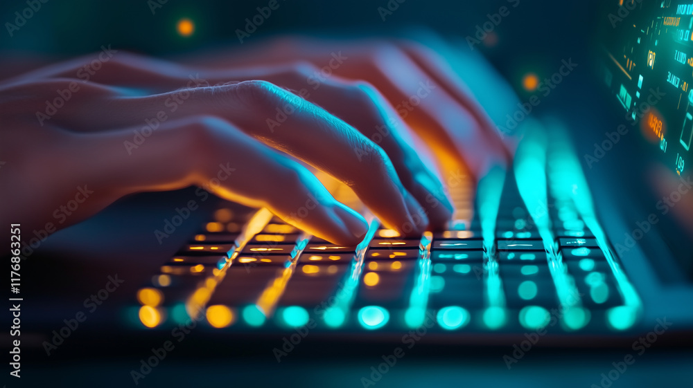 Poster image showcases close up of hands typing on backlit keyboard, illuminated with vibrant colors, sugge