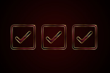 Fototapeta premium Set of three sophisticated golden checkmark is enclosed within three squares golden frame. Three glossy black and deep burgundy gradient interior creates a luxurious appearance.