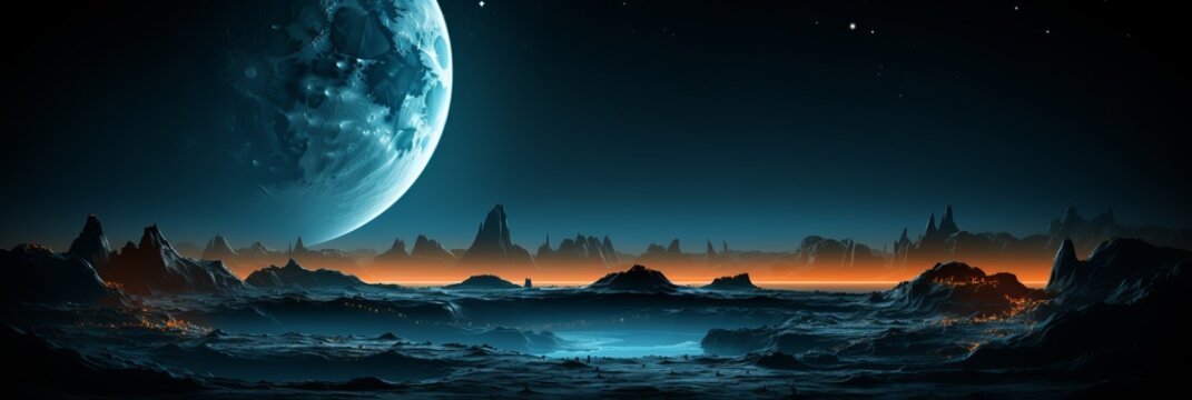 Vast alien landscape illuminated by a brilliant blue moon and distant stars. Generative AI
