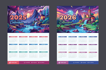 one page wall calendar design for 2025 and 2026 with magical landscape background