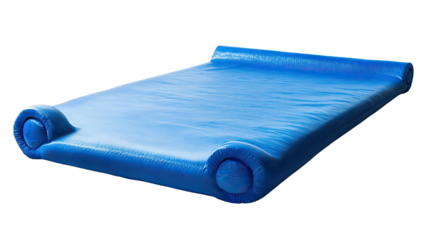 Blue Inflatable Pool Float: A blue inflatable pool float with a modern design. Rolled up and ready to be used on the water, this float is perfect for relaxing and soaking up the sun in the pool. 