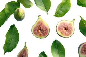 Obraz premium Fresh figs and green leaves arranged on a clean surface representing harvest season and natural products