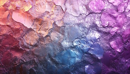 Naklejka premium Abstract colorful texture with pastel shades of purple, orange, and blue, featuring layered rock-like patterns and shimmering surfaces