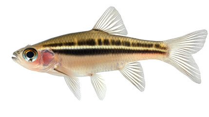 Striped  Minnow:  A close-up  view  of  a  small  striped  minnow  with  its  vibrant  black  and  yellow  stripes  and  fins  spread  out.