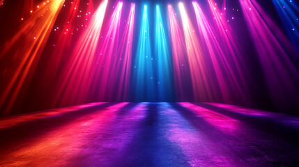 Concert stage with intersecting light beams, vibrant colors, electric atmosphere, high energy