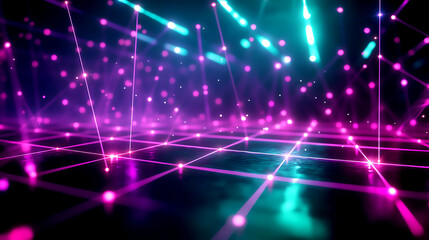 Crisscrossing laser lights over a dark stage, neon green and purple, futuristic and edgy vibe