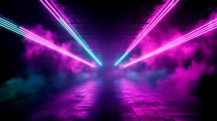 Crisscrossing laser lights over a dark stage, neon green and purple, futuristic and edgy vibe
