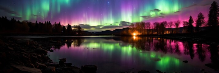 Majestic dance of northern lights over tranquil lake at night. Generative AI