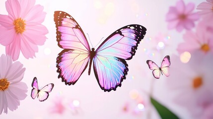 Colorful butterflies surrounded by pink flowers in a dreamy setting.