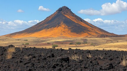 Volcanic peak, orange slopes, dark lava foreground, arid landscape, blue sky.