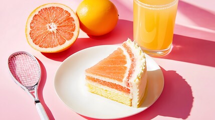 A cake shaped like a tennis racket paired with a zesty grapefruit juice