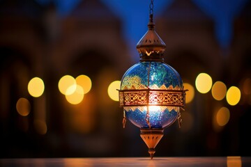 Ornate, hanging arabic lantern emits a warm glow against a backdrop of soft bokeh lights, creating a magical ambiance