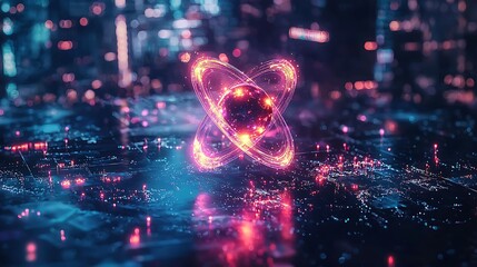 Fototapeta premium Futuristic city atom energy glowing network digital.