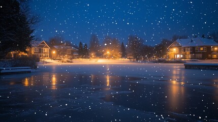 A calm winter night with snowflakes falling softly on a frozen pond, illuminated by nearby houses, creating a peaceful atmosphere with a deep blue sky above, evoking serenity and warmth.