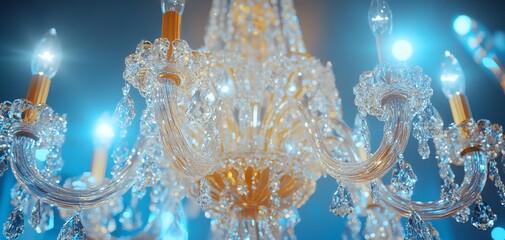 Close-up of a dazzling crystal chandelier, sparkling under soft blue light.  Elegant and luxurious.