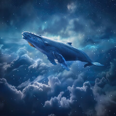Fototapeta premium A large whale shuttling through the clouds in the night sky, stars in the background.
