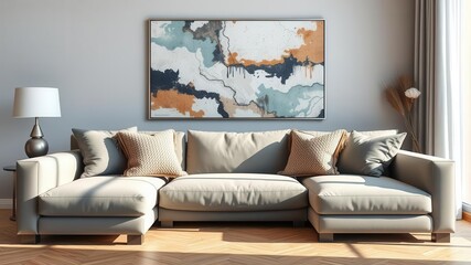 Modern living room with luxurious grey sofa, abstract art on the wall, and cozy throw pillows, luxurious, interior design