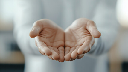 Open hands reaching out, symbolizing generosity and support, with soft focus background enhancing emotional connection