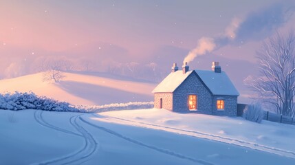 Fototapeta premium A tranquil winter scene with snow gently falling on a peaceful countryside, a small house with warm light glowing from its windows, and smoke drifting from the chimney.