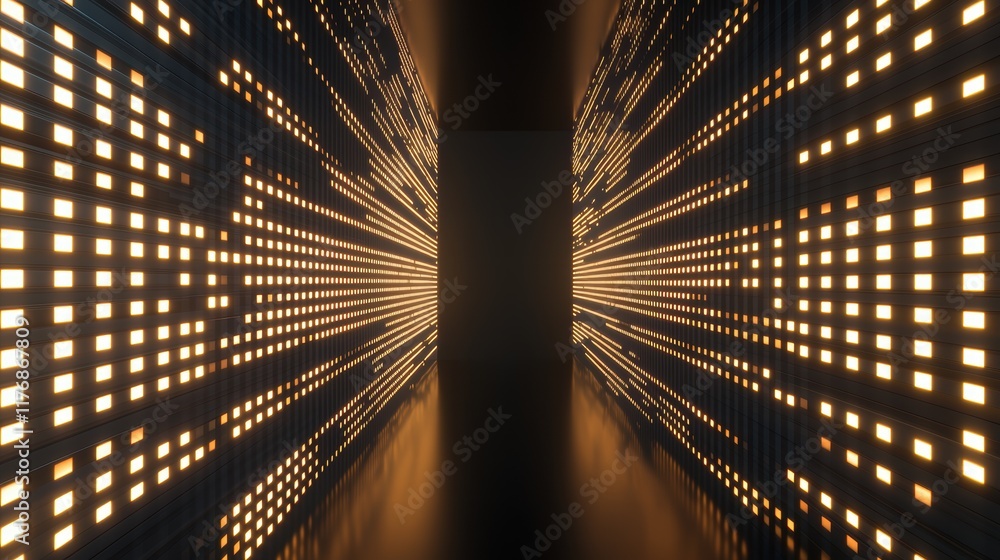 Poster futuristic corridor with glowing lights and abstract patterns in dark environment