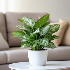 Silver leaf plant in a white pot on a coffee table.