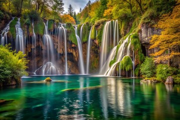 Fototapeta premium Croatia Plitvice Lakes National Park Veliki Slap Waterfall Minimalist Landscape Photography