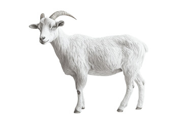 Fototapeta premium White goat stands calmly on a plain background showcasing its soft fur and distinct horns in a serene pose