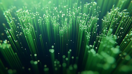 Green fiber optic cables, data transfer, digital network, technology background, futuristic concept.