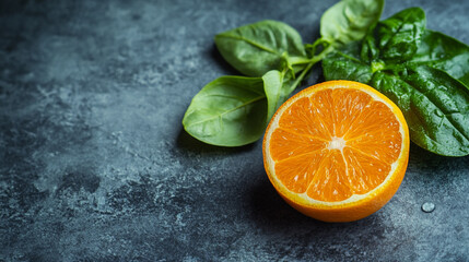 Fresh orange half with basil leaves on dark stone surface in a kitchen setting