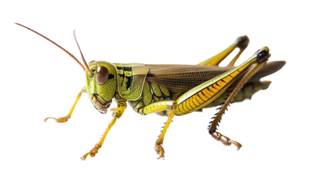 Close-up of a Green Grasshopper: A vibrant, green grasshopper with prominent yellow stripes on its legs and wings. It's perched on a white background, showing off its intricate details.