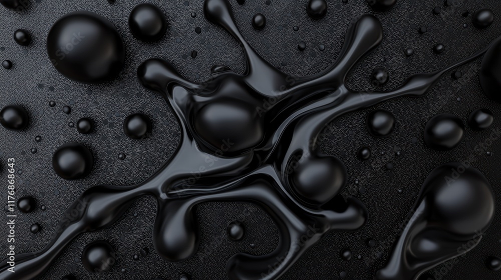 Poster abstract black liquid texture with droplets and splashes on dark background for creative design