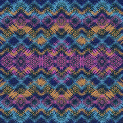 Hand-drawn colorful lines create a seamless ikat pattern on dark fabric.