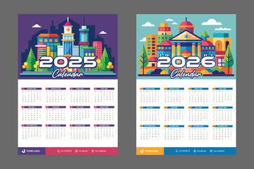 one page wall calendar design for 2025 and 2026 with colorful  city building background