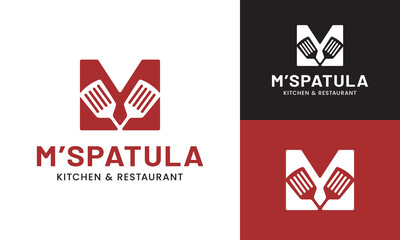 Letter Initial M Spatula Logo Design Template. Suitable for Restaurant Kitchen Bistro Cafe Catering Eatery Grill Barbeque or Chef Cook Kitchener Food Blogger Business Brand Company Logo Design