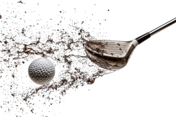 Golf ball being struck by club, creating a spray of dirt on a sunny day at the driving range