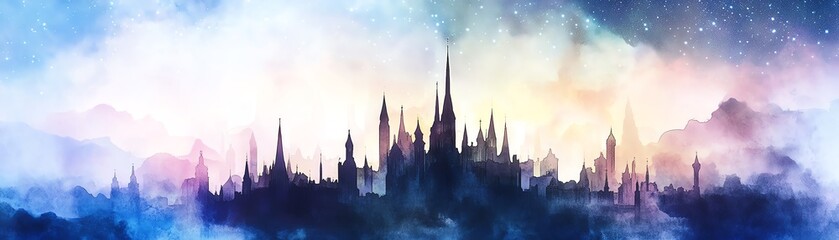Fototapeta premium Magical city skyline at dawn. Watercolor style painting of a fantasy kingdom in clouds.