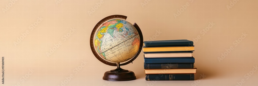 Poster Classic globe and stacked travel guidebooks create an inviting atmosphere for exploration and adventure planning. Generative AI