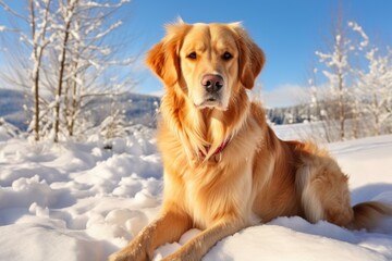 Golden retriever dog is lying on snow in a beautiful winter landscape