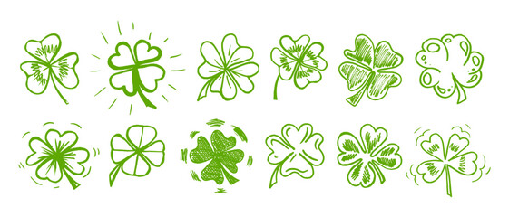 Lucky four, three clover shamrock leaf icon hand drawn style vector illustration set. Irish celtic St Patrick Day logo shamrock clover leaf symbol collection. Luck and happiness floral Irish ornament.